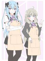 Rule 34 | &gt;:), 2girls, ahoge, apron, arms under breasts, assault lily, black bow, black sailor collar, black skirt, black thighhighs, blue eyes, blue hair, blue nails, blush, bow, braid, breasts, brown apron, buttons, cardigan, closed mouth, collared shirt, commentary, crossed arms, feet out of frame, fingernails, grey cardigan, grey hair, hair between eyes, hair bow, hand up, height difference, highres, jewelry, kanabako misora, long hair, long sleeves, looking at viewer, medium breasts, miniskirt, mori tatsuki, multiple girls, nail polish, neck ribbon, petag2, pink background, pink nails, pleated skirt, pocket, puff of air, purple eyes, purple ribbon, ribbon, ring, sailor collar, school uniform, serafuku, shirt, short sleeves, sidelocks, skirt, smile, standing, thighhighs, twin braids, two-tone background, v, v-shaped eyebrows, very long hair, white background, white shirt, zettai ryouiki