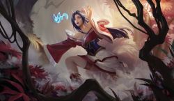 Rule 34 | 1girl, absurdres, ahri (league of legends), animal ears, bare shoulders, black hair, branch, breasts, cleavage, detached sleeves, facial mark, fog, forest, fox ears, fox tail, hand up, highres, korean clothes, kyuubi, large breasts, league of legends, little legend, long hair, long sleeves, multiple tails, nature, orange eyes, outdoors, qinhuaiyu (sihouette), slit pupils, solo, tail, tree, whisker markings, wide sleeves