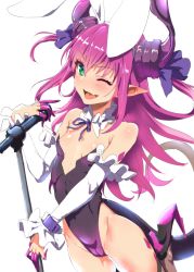 Rule 34 | 10s, 1girl, animal ears, bare shoulders, breasts, cameltoe, clearite, cleft of venus, cowboy shot, detached collar, dragon horns, dragon tail, elizabeth bathory (brave) (fate), elizabeth bathory (fate), elizabeth bathory (fate/extra ccc), fake animal ears, fate/extra, fate/extra ccc, fate/grand order, fate (series), green eyes, highleg, highleg leotard, horns, leotard, long hair, looking at viewer, one eye closed, pink hair, playboy bunny, pointy ears, rabbit ears, ribbon, simple background, small breasts, smile, solo, tail, two side up, white background