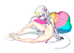 Rule 34 | 1girl, 92m, banana, barefoot, bdsm, character name, crotch strap, dohna dohna issho ni warui koto o shiyou, elbow gloves, eyepatch, feet, female focus, flat chest, food, fruit, gag, gloves, harness, holding with feet, multicolored hair, partially visible vulva, pink eyes, pink hair, plate, porno (dohna dohna), revealing clothes, short hair, silver hair, simple background, sitting, solo, toes, white background, wiffle gag