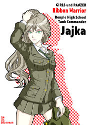 Rule 34 | 1girl, alternate hairstyle, arm up, artist name, blonde hair, bonple military uniform, brown jacket, brown skirt, character name, closed mouth, commentary, copyright name, dated, dress shirt, english text, eyeliner, fourragere, girls und panzer, girls und panzer ribbon no musha, green eyes, green necktie, hair down, hand on own head, highres, holding, holding clothes, jacket, jajka (girls und panzer), long hair, long sleeves, looking at viewer, makeup, military, military uniform, miniskirt, necktie, nishi itsumi, pleated skirt, redrawn, shirt, silhouette, simple background, skirt, smile, solo, standing, uniform, white background, white shirt, wing collar