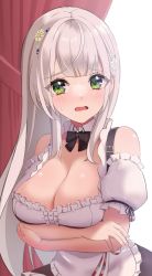 Rule 34 | 1girl, ahoge, arm support, bare shoulders, bavaria, blush, bow, bowtie, breasts, cleavage, curtains, detached sleeves, dirndl, flower, german clothes, green eyes, hair flower, hair ornament, highres, hololive, large breasts, long hair, looking at viewer, maid, open mouth, shimaketa, shirogane noel, shirogane noel (dirndl), silver hair, solo, tearing up, very long hair, virtual youtuber