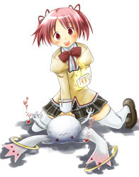 Rule 34 | 10s, 1girl, :d, highres, kaname madoka, kyubey, mahou shoujo madoka magica, mahou shoujo madoka magica (anime), nashigami tsubute, open mouth, pink eyes, pink hair, ribbon, school uniform, short hair, short twintails, skirt, smile, twintails