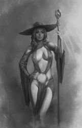 Rule 34 | 1girl, bikini, breasts, collarbone, covered erect nipples, cowboy shot, dress, fantasy, greyscale, groin, hand on own hip, hat, highres, holding, holding staff, jewelry, lips, looking at viewer, medium breasts, monochrome, navel, no bra, no panties, nose, o-ring, o-ring bikini, original, parted lips, pelvic curtain, realistic, revealing clothes, ring, smile, solo, staff, standing, tim liu, wavy hair, witch, witch hat