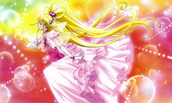 Rule 34 | 1girl, absurdres, aida mana, alternate costume, alternate hairstyle, blonde hair, boots, brooch, cure heart, cure heart (engage mode), dokidoki! precure, dress, closed eyes, gloves, hair ornament, half updo, heart, heart brooch, heart hair ornament, high heels, highres, long hair, official art, precure, ribbon, solo, sparkle, twintails, ueno ken, very long hair, wedding dress, white gloves