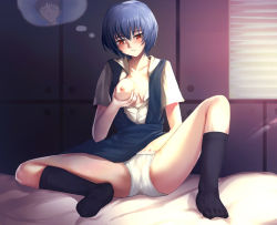 Rule 34 | 1girl, ayanami rei, bed, blue hair, blush, breasts, expressionless, grabbing own breast, hand in panties, highres, ikari shinji, jinzaisasa, masturbation, neon genesis evangelion, on bed, one breast out, panties, red eyes, school uniform, sitting, skirt, small breasts, socks, solo focus, thought bubble, underwear