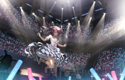 Rule 34 | 1girl, bare arms, blue dress, boots, breasts, commentary, concert, detached sleeves, dress, glowstick, highres, holding, holding microphone, indoors, jumping, kantoku, kurumi (kantoku), long hair, medium breasts, microphone, original, parted lips, pink eyes, pink hair, puffy detached sleeves, puffy short sleeves, puffy sleeves, short sleeves, smile, solo focus, spotlight, twintails