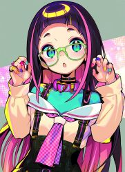 Rule 34 | 1girl, :o, bandaid, bandaid on hand, black choker, blue eyes, choker, claw pose, collar, commentary request, glasses, green-framed eyewear, heart, long hair, long sleeves, multicolored hair, multicolored nails, nail polish, onono imoko, original, pink collar, pink hair, pink neckwear, purple hair, sailor collar, simple background, solo, suspenders, upper body