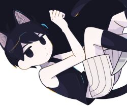 Rule 34 | 1boy, animal ears, black eyes, black hair, black tank top, cat boy, cat ears, cat tail, closed mouth, colored skin, expressionless, kemonomimi mode, looking at viewer, omori, omori (omori), short hair, shorts, solo, sr ld fr, striped clothes, striped shorts, tail, tank top, vertical-striped clothes, vertical-striped shorts, white skin