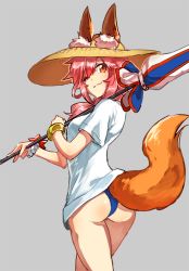 Rule 34 | 1girl, ;), animal ear fluff, animal ears, ass, beach umbrella, bikini, bikini under clothes, blue bikini, bracelet, brown hat, carrying, closed mouth, commentary, cowboy shot, ears through headwear, fate/grand order, fate (series), fox ears, fox tail, from behind, grey background, hat, jewelry, long hair, looking at viewer, looking back, no pants, one eye closed, oono imo, over shoulder, pink hair, red eyes, shirt, short sleeves, simple background, smile, smirk, solo, standing, straw hat, sun hat, swimsuit, t-shirt, tail, tamamo (fate), tamamo no mae (fate/extra), tamamo no mae (swimsuit lancer) (fate), tamamo no mae (swimsuit lancer) (first ascension) (fate), umbrella, white shirt