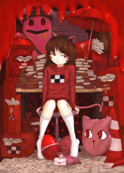 Rule 34 | 1girl, absurdres, animal ears, animalization, beak, blush, book, book stack, braid, brown hair, cat ears, cat tail, chair, commentary request, egg, envelope, full body, highres, japanese postal mark, jitome, juunin juuwiro, kneehighs, knees together feet apart, kyukkyu-kun, light smile, long hair, long sleeves, looking away, low twintails, madotsuki, mailbox, office chair, postbox, red eyes, red theme, ringoanu, sitting, skirt, socks, solo focus, surreal, swivel chair, table, tail, too many, too many books, toriningen, traffic cone, turtleneck, twin braids, twintails, umbrella, white socks, yume nikki