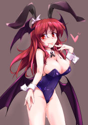 Rule 34 | 1girl, :p, alternate costume, animal ears, areola slip, bare legs, bare shoulders, bat wings, blush, breasts, cleavage, cum, cum on body, cum on breasts, cum on upper body, detached collar, fumitsuki (minaduki 6), head wings, heart, highres, koakuma, large breasts, leotard, long hair, low wings, multiple wings, playboy bunny, rabbit ears, red eyes, red hair, smile, solo, tongue, tongue out, touhou, wings, wrist cuffs