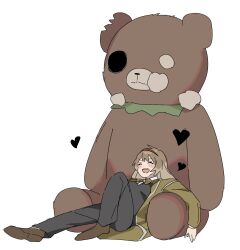 Rule 34 | 1girl, black jacket, black pants, blush, brown footwear, brown hair, closed eyes, coat, hairband, happy teddy bear, highres, jacket, library of ruina, long hair, malkuth (project moon), mu46016419, open mouth, pants, project moon, red hairband, shoes, simple background, smile, very long hair, white background, yellow coat