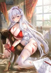 1girl absurdres azur_lane belfast_(azur_lane) belfast_(blissful_service)_(azur_lane) bikini blush breasts cleavage day full_body high_heels highres indoors large_breasts long_hair looking_at_viewer maid maid_headdress official_alternate_costume parted_lips patent_heels pumps purple_eyes red_bikini red_footwear restrained rope shoes smile stiletto_heels swimsuit tansuan_(ensj3875) thighhighs thighs underboob unworn_footwear white_hair white_thighhighs window