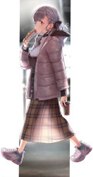 Rule 34 | 1girl, alternate costume, aqua footwear, arm at side, backlighting, black ribbon, black sweater, braid, breasts, brown coat, brown skirt, casual, coat, coffee cup, cup, disposable cup, eating, food, from side, full body, girls&#039; frontline, hair ribbon, highres, holding, holding cup, holding food, hot dog, hyury, large breasts, long skirt, long sleeves, looking at viewer, looking to the side, mask, mask pull, mouth mask, mustard, open clothes, open coat, plaid, plaid skirt, red eyes, ribbon, shoes, skirt, sleeves past wrists, sneakers, solo, spas-12 (girls&#039; frontline), surgical mask, sweater, walking, winter clothes, winter coat