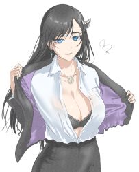 Rule 34 | 1girl, black bra, black hair, black jacket, black skirt, blazer, blue eyes, bra, bra visible through clothes, breasts, burn the witch, cleavage, collared shirt, dress shirt, earrings, half-closed eyes, highres, horns, jacket, jewelry, large breasts, mitsugu, necklace, niihashi noel, office lady, open clothes, open jacket, open shirt, parted lips, see-through, shirt, shirt tucked in, single horn, skirt, swept bangs, underwear, white background, white shirt