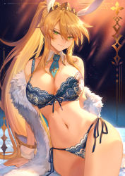 Rule 34 | 1girl, ahoge, animal ears, arm support, artoria pendragon (all), artoria pendragon (fate), artoria pendragon (swimsuit ruler) (fate), bare shoulders, blonde hair, blue bra, blue legwear, blue necktie, blue panties, bra, braid, breasts, cleavage, closed mouth, collarbone, commentary request, cowboy shot, detached collar, eyes visible through hair, fake animal ears, fate/grand order, fate (series), feather boa, french braid, gradient background, green eyes, hair between eyes, highres, large breasts, light rays, long hair, looking at viewer, mashuu (neko no oyashiro), navel, necktie, panties, ponytail, rabbit ears, side-tie panties, sidelocks, sitting, sleeveless, smile, solo, stomach, thighs, tiara, underwear, underwear only, very long hair, wrist cuffs