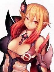 Rule 34 | 1girl, bare shoulders, blonde hair, breasts, cleavage, dark falz apprentice, fumio (rsqkr), gradient hair, large breasts, lips, long hair, looking at viewer, multicolored hair, orange hair, phantasy star, phantasy star online 2, pointy ears, red eyes, red hair, simple background, solo, two-tone hair, upper body, white background