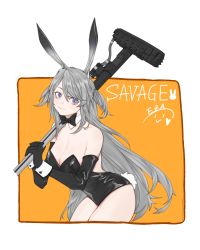 Rule 34 | 1girl, absurdres, animal ears, arknights, bare shoulders, black bow, black bowtie, black gloves, black leotard, blue eyes, blush, bow, bowtie, breasts, cleavage, commentary request, cowboy shot, detached collar, eza (yowza), fake animal ears, gloves, hammer, highres, holding, holding hammer, holding weapon, large breasts, leotard, long hair, looking at viewer, playboy bunny, rabbit ears, rabbit tail, savage (arknights), silver hair, solo, standing, strapless, strapless leotard, tail, very long hair, weapon, wrist cuffs