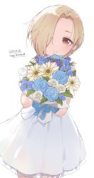 Rule 34 | 1girl, blonde hair, blue flower, blue rose, blush, bouquet, dated, dress, ear piercing, flower, fut4m1, hair over one eye, happy birthday, highres, holding, holding bouquet, idolmaster, looking at viewer, piercing, red eyes, rose, shirasaka koume, short hair, simple background, smile, solo, white background, white dress, white flower, white rose