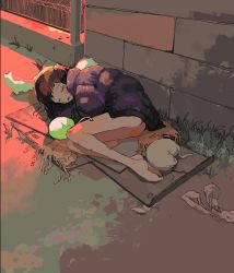 Rule 34 | 1girl, absurdres, bare legs, barefoot, brick wall, brown hair, brown scarf, bruise, cardboard, cat, closed mouth, coat, commentary, dobunomeme, full body, grass, highres, homeless, injury, lying, on ground, on side, open mouth, original, outdoors, purple coat, scarf, sleeping, solo