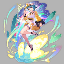 Rule 34 | 1girl, blue hair, breasts, copyright request, essual (layer world), hair ornament, highres, looking at viewer, medium breasts, midriff, navel, official art, open mouth, red eyes, sandals, sarong, see-through, see-through sleeves, short hair, shorts, solo, visor cap
