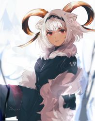Rule 34 | 1girl, animal ears, arknights, artist name, black hairband, black jacket, carnelian (arknights), carnelian (hohenlohe chillysand) (arknights), commentary, dark-skinned female, dark skin, fur-trimmed jacket, fur trim, goat ears, goat horns, gupipy, hairband, highres, horns, jacket, looking at viewer, medium hair, official alternate costume, parted lips, red eyes, smile, solo, white background, white hair