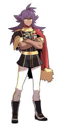 Rule 34 | 1boy, absurdres, alternate costume, black footwear, black jacket, boots, closed mouth, commentary request, creatures (company), crossed arms, dark-skinned male, dark skin, facial hair, full body, game freak, highres, jacket, korean commentary, leon (pokemon), long hair, male focus, nintendo, pants, pokemon, pokemon swsh, purple hair, redlhzz, short sleeves, side cape, simple background, smile, solo, split mouth, standing, white background, white pants, yellow eyes