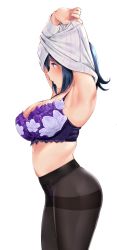 Rule 34 | 1girl, armpits, arms up, black pantyhose, blue eyes, blue hair, blush, bra, breasts, from side, highres, kantai collection, large breasts, lingerie, open mouth, panties, panties under pantyhose, pantyhose, purple bra, ribbed sweater, short hair, sidelocks, simple background, skindentation, solo, souryuu (kancolle), stomach, sweater, thighband pantyhose, underwear, undressing, wa (genryusui), white background, white sweater