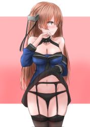 Rule 34 | 1girl, black panties, black skirt, black thighhighs, blue shirt, blush, breasts, brown eyes, cleavage, closed mouth, clothes lift, commentary, embarrassed, garter straps, hair ornament, highres, johnston (kancolle), kamaboko senshi, kantai collection, large breasts, light brown hair, long hair, navel, off shoulder, panties, pleated skirt, school uniform, serafuku, shirt, skirt, skirt lift, solo, thighhighs, two side up, underwear, uniform