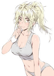 Rule 34 | 1girl, bare arms, bare shoulders, blonde hair, breasts, brown hair, cleavage, commentary request, covered erect nipples, cowboy shot, crop top, grey panties, grey tank top, hair between eyes, hand up, highres, index finger raised, large breasts, looking at viewer, matsuda (matsukichi), messy hair, midriff, navel, no pants, original, panties, ponytail, simple background, smile, solo, stomach, tank top, underwear, white background, wristband