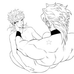 Rule 34 | 2boys, ass, ass grab, back, birthmark, blush, completely nude, cowgirl position, dio brando, earrings, father and son, giorno giovanna, hand on another&#039;s face, highres, huang lia, implied sex, incest, jewelry, joestar birthmark, jojo no kimyou na bouken, long hair, looking at another, male focus, monochrome, multiple boys, muscular, muscular male, nail polish, nude, size difference, smaller dominant, straddling, tongue, tongue out, vento aureo, yaoi