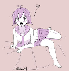 Rule 34 | 10s, 1girl, ahoge, anchor print, blush, female focus, hikawa79, kantai collection, limited palette, looking at viewer, lying, monochrome, necktie, on bed, on stomach, open mouth, pleated skirt, sakawa (kancolle), school uniform, serafuku, shirt, short hair, simple background, sketch, skirt, sleeveless, sleeveless shirt, solo, surprised, translation request, twitter username, uniform