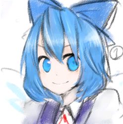 Rule 34 | 1girl, bad id, bad pixiv id, blue dress, blue eyes, blue hair, blush, bow, cirno, dress, female focus, hair bow, ice, ice wings, looking at viewer, matching hair/eyes, reino gun, smile, solo, tareme, touhou, upper body, wings