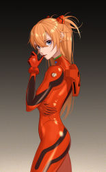 Rule 34 | 1girl, absurdres, artist request, ass, blue eyes, bodysuit, breasts, brown hair, cowboy shot, gradient background, hair between eyes, highres, impossible bodysuit, impossible clothes, lips, long hair, multicolored bodysuit, multicolored clothes, neon genesis evangelion, pilot suit, plugsuit, red bodysuit, shiny clothes, solo, souryuu asuka langley, two side up, very long hair, wide hips