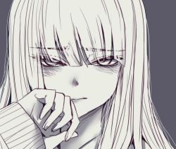 Rule 34 | 1girl, blunt bangs, blush, close-up, closed mouth, embarrassed, grey background, greyscale, hand up, hoshi san 3, long hair, long sleeves, looking at viewer, monochrome, original, portrait, scary eyes girl (hoshi san 3), simple background, solo