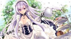 Rule 34 | 1girl, azur lane, bad id, bad pixiv id, belfast (azur lane), biscuit (bread), blurry, blush, braid, breasts, cake, chain, cleavage, closed mouth, collar, collarbone, commentary request, depth of field, dress, dutch angle, flower, food, french braid, frilled dress, frills, gauntlets, hand up, highres, holding, holding teapot, large breasts, leaning forward, long hair, looking at viewer, maid, maid headdress, nozomi fuuten, outdoors, plate, purple eyes, railing, rose, sandwich, sidelocks, skirt hold, smile, solo, teapot, tiered tray, tree, underbust, very long hair, white dress, white flower, white hair, white rose