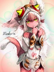 Rule 34 | 1girl, animal ears, bad id, bad pixiv id, blush, brown hair, character name, closed mouth, furry, furry female, green eyes, heart, highres, hikky, long hair, looking at viewer, mokuri, multicolored hair, navel, pink fur, solo, tab head, tail, white hair