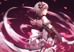 Rule 34 | 1girl, absurdres, attack, black gloves, blush, breasts, dress, flower, frills, from behind, gloves, hair over one eye, highres, holding, holding scythe, honkai (series), honkai impact 3rd, horns, looking at viewer, maid, maid headdress, mole, mole under eye, motion blur, petals, puffy short sleeves, puffy sleeves, red eyes, red flower, red rose, rita rossweisse, rita rossweisse (umbral rose), rose, scythe, short hair, short sleeves, smile, solo, yumuto (spring1786)