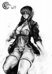 Rule 34 | 00s, 1girl, breasts, cameltoe, cleavage, curvy, ghost in the shell, ghost in the shell stand alone complex, greyscale, kusanagi motoko, large breasts, monochrome, shirakaba, sideboob, solo, thighhighs