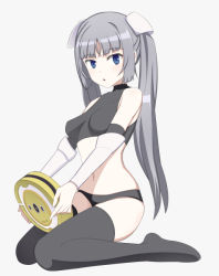 Rule 34 | 10s, 1girl, black panties, black thighhighs, blue eyes, caryo, crop top, grey background, hair ornament, holding, impossible clothes, impossible shirt, long hair, long legs, looking at viewer, midriff, miss monochrome, miss monochrome (character), nanashino, navel, panties, parted bangs, robotic vacuum cleaner, ruu-chan, shirt, silver hair, simple background, sitting, solo, thighhighs, turtleneck, twintails, underwear, wariza, white background