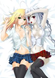Rule 34 | 2girls, absurdres, arc system works, black thighhighs, blazblue, blazblue: calamity trigger, blonde hair, blush, braid, breasts, cherry, eyepatch, food, fruit, green eyes, groin, highres, holding hands, long hair, lying, mouth hold, multiple girls, navel, noel vermillion, non-web source, nu-13, official art, on back, open clothes, open shirt, pale skin, red eyes, ribbon, scan, scan artifacts, school uniform, shirt, skirt, tattoo, thighhighs, white hair, zettai ryouiki