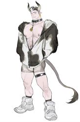 Rule 34 | 1boy, abs, animal print, bara, bare pectorals, bell, belt collar, between pectorals, black hair, boxer briefs, bulge, collar, cow boy, cow horns, cow print, cow tail, full body, grey male underwear, hands in pockets, harness, highres, horikwawataru, horns, jacket, jewelry, large pectorals, looking at viewer, male focus, male underwear, multicolored hair, muscular, muscular male, neck bell, nipple piercing, nipple rings, nipples, no pants, open clothes, open jacket, original, pale skin, partially unzipped, pectorals, piercing, shoes, short hair, sideburns, skindentation, smile, sneakers, solo, tail, thick thighs, thighs, two-tone hair, undercut, underwear, white hair