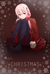 Rule 34 | 10s, 1girl, blush, box, female focus, gift, gift box, guilty crown, hair ornament, hairclip, highres, long hair, looking at viewer, looking away, pantyhose, pink hair, red eyes, solo, thighhighs, tiao!, tobe!, twintails, yuzuriha inori