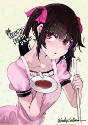 Rule 34 | 1girl, absurdres, apron, black hair, blush, breasts, funkysatou, highres, holding, holding ladle, ladle, long hair, looking at viewer, parted lips, plate, puffy sleeves, purple eyes, senki zesshou symphogear, small breasts, solo, tasting plate, tsukuyomi shirabe, twintails
