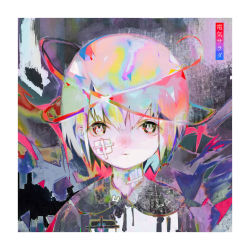 Rule 34 | 1girl, abstract, abstract background, absurdres, bandaid, bandaid on cheek, bandaid on face, black eyes, colorful, commentary request, expressionless, halo, highres, looking at viewer, multicolored hair, original, portrait, rabbit, shirt, short hair, solo, symbol in eye, translation request, tsukamoto anabone