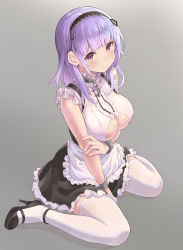 Rule 34 | 1girl, absurdres, arm under breasts, azur lane, between legs, black footwear, black hairband, blush, breasts, closed mouth, clothing cutout, commentary, dido (azur lane), frills, full body, hairband, hand between legs, high heels, highres, large breasts, long hair, looking to the side, misashi (raichi821), purple hair, sitting, sleeveless, solo, thighhighs, underboob, underboob cutout, wariza, white thighhighs