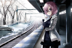 Rule 34 | 1girl, animal, animal in clothes, black-framed eyewear, black pantyhose, black skirt, creature, day, eyes visible through hair, fate/grand order, fate (series), fou (fate), glasses, hair over one eye, highres, holding, jacket, light purple hair, long sleeves, looking at viewer, mash kyrielight, niii (memstapak), outdoors, pantyhose, pleated skirt, purple eyes, railroad tracks, short hair, skirt, sky, snow, solo, sweater, train station, tree, wing collar, winter