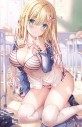 Rule 34 | 1girl, bag, blonde hair, blush, bow, bra, breasts, classroom, cleavage, finger to mouth, frilled panties, frills, front-tie bra, green eyes, hair bow, highres, jewelry, kneeling, large breasts, long hair, looking at viewer, necklace, open clothes, open shirt, original, panties, parted lips, pink bra, pink panties, sitting, skirt, solo, sousouman, striped bra, striped clothes, striped panties, thighhighs, underwear, unworn skirt, white thighhighs, yokozuwari