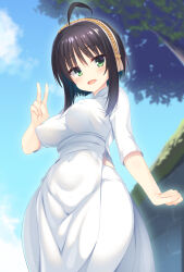 Rule 34 | 1girl, ahoge, aria (koiiroharemoyou), black hair, blue sky, blush, breasts, clenched hand, cloud, commentary request, covered erect nipples, dress, green eyes, groin, hair between eyes, hair ornament, hairband, hand up, head tilt, highres, hitachi mako, large breasts, long dress, long hair, long sleeves, looking at viewer, open mouth, outdoors, senren banka, shiny skin, sidelocks, sky, smile, solo, standing, tassel, tassel hair ornament, tree, v, white dress, white hairband, yuzu-soft